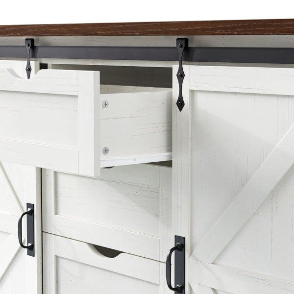 English Elm K&k Farmhouse Rolling Kitchen Island with Barn Doors Charging Station and Wine Storage White N707S000028W
