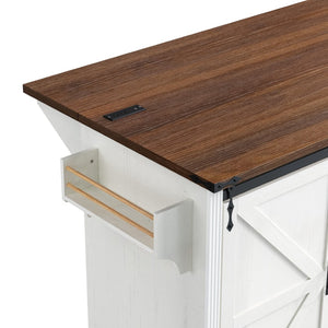 English Elm K&k Farmhouse Rolling Kitchen Island with Barn Doors Charging Station and Wine Storage White N707S000028W