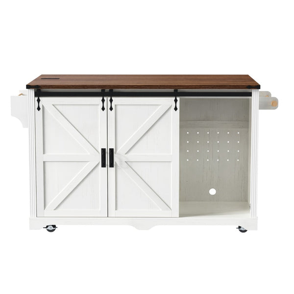 English Elm K&k Farmhouse Rolling Kitchen Island with Barn Doors Charging Station and Wine Storage White N707S000028W