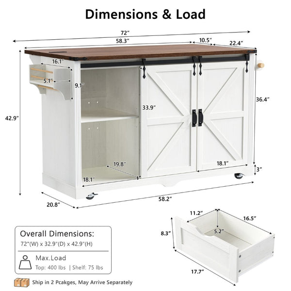 English Elm K&k Farmhouse Rolling Kitchen Island with Barn Doors Charging Station and Wine Storage White N707S000028W