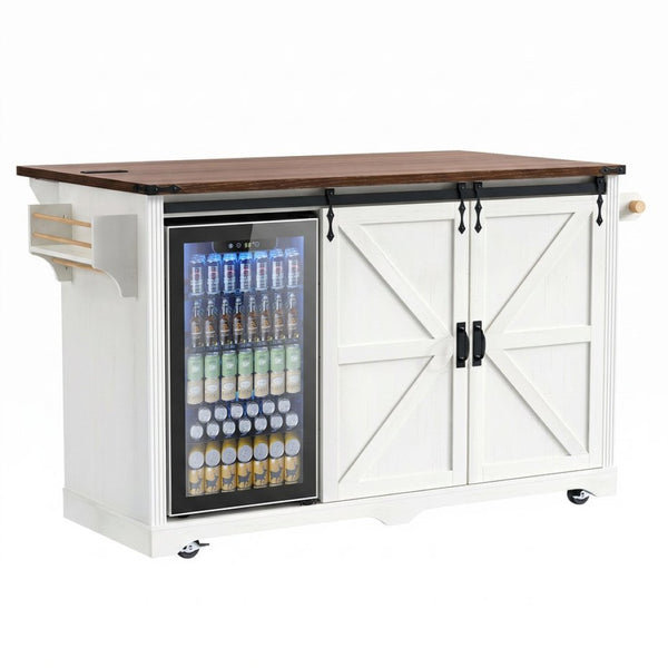 English Elm K&k Farmhouse Rolling Kitchen Island with Barn Doors Charging Station and Wine Storage White N707S000028W