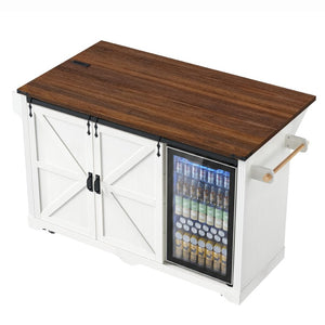 English Elm K&k Farmhouse Rolling Kitchen Island with Barn Doors Charging Station and Wine Storage White N707S000028W
