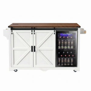 English Elm K&k Farmhouse Rolling Kitchen Island with Barn Doors Charging Station and Wine Storage White N707S000028W