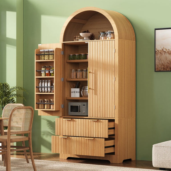 English Elm K&k Arched Fluted Pantry Cabinet Mid Century Walnut Finish with Drawers and Door Shelves Natural N707S000029Y