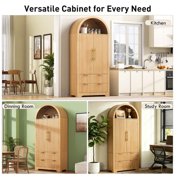 English Elm K&k Arched Fluted Pantry Cabinet Mid Century Walnut Finish with Drawers and Door Shelves Natural N707S000029Y
