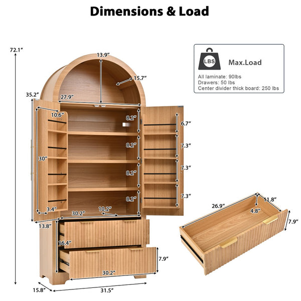 English Elm K&k Arched Fluted Pantry Cabinet Mid Century Walnut Finish with Drawers and Door Shelves Natural N707S000029Y