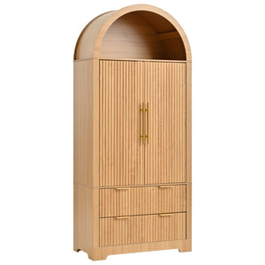 English Elm K&k Arched Fluted Pantry Cabinet Mid Century Walnut Finish with Drawers and Door Shelves Natural N707S000029Y
