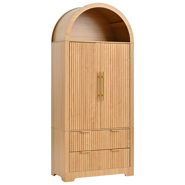 English Elm K&k Arched Fluted Pantry Cabinet Mid Century Walnut Finish with Drawers and Door Shelves Natural N707S000029Y