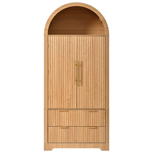 English Elm K&k Arched Fluted Pantry Cabinet Mid Century Walnut Finish with Drawers and Door Shelves Natural N707S000029Y