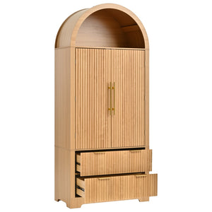 English Elm K&k Arched Fluted Pantry Cabinet Mid Century Walnut Finish with Drawers and Door Shelves Natural N707S000029Y
