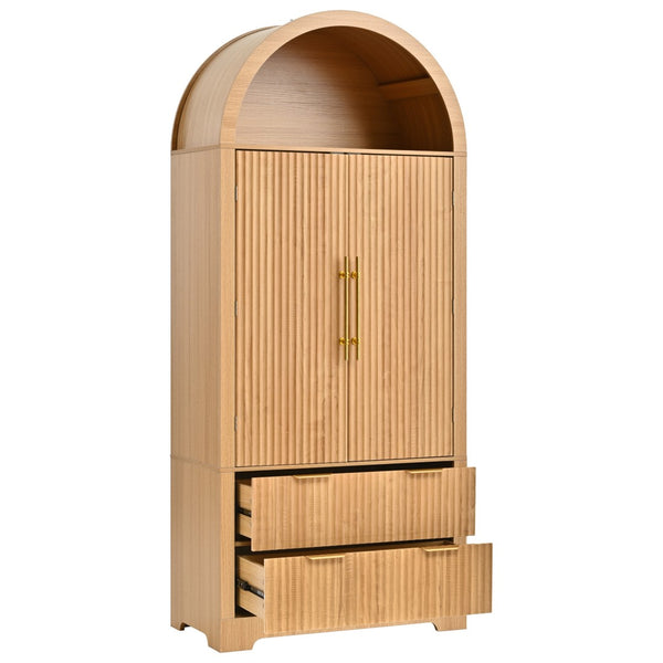 English Elm K&k Arched Fluted Pantry Cabinet Mid Century Walnut Finish with Drawers and Door Shelves Natural N707S000029Y