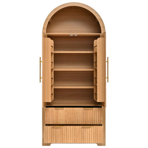 English Elm K&k Arched Fluted Pantry Cabinet Mid Century Walnut Finish with Drawers and Door Shelves Natural N707S000029Y