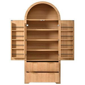 English Elm K&k Arched Fluted Pantry Cabinet Mid Century Walnut Finish with Drawers and Door Shelves Natural N707S000029Y