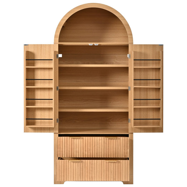 English Elm K&k Arched Fluted Pantry Cabinet Mid Century Walnut Finish with Drawers and Door Shelves Natural N707S000029Y