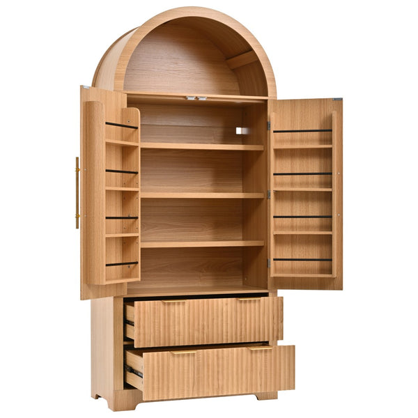English Elm K&k Arched Fluted Pantry Cabinet Mid Century Walnut Finish with Drawers and Door Shelves Natural N707S000029Y