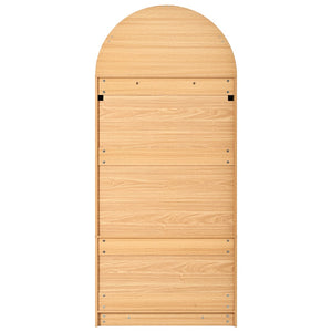 English Elm K&k Arched Fluted Pantry Cabinet Mid Century Walnut Finish with Drawers and Door Shelves Natural N707S000029Y