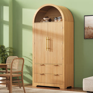 English Elm K&k Arched Fluted Pantry Cabinet Mid Century Walnut Finish with Drawers and Door Shelves Natural N707S000029Y