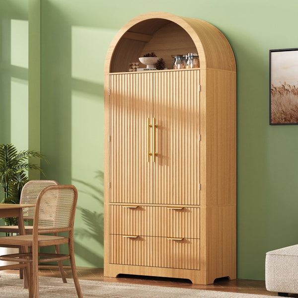 English Elm K&k Arched Fluted Pantry Cabinet Mid Century Walnut Finish with Drawers and Door Shelves Natural N707S000029Y