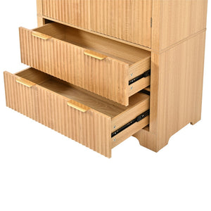 English Elm K&k Arched Fluted Pantry Cabinet Mid Century Walnut Finish with Drawers and Door Shelves Natural N707S000029Y