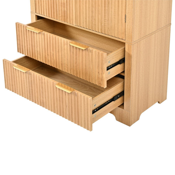 English Elm K&k Arched Fluted Pantry Cabinet Mid Century Walnut Finish with Drawers and Door Shelves Natural N707S000029Y