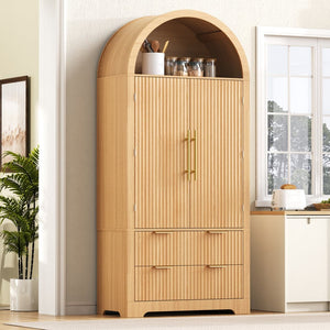 English Elm K&k Arched Fluted Pantry Cabinet Mid Century Walnut Finish with Drawers and Door Shelves Natural N707S000029Y