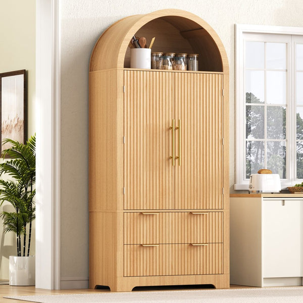 English Elm K&k Arched Fluted Pantry Cabinet Mid Century Walnut Finish with Drawers and Door Shelves Natural N707S000029Y