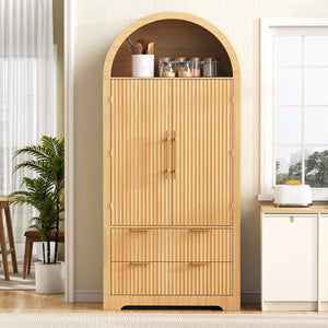 English Elm K&k Arched Fluted Pantry Cabinet Mid Century Walnut Finish with Drawers and Door Shelves Natural N707S000029Y
