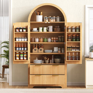 English Elm K&k Arched Fluted Pantry Cabinet Mid Century Walnut Finish with Drawers and Door Shelves Natural N707S000029Y