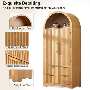 English Elm K&k Arched Fluted Pantry Cabinet Mid Century Walnut Finish with Drawers and Door Shelves Natural N707S000029Y