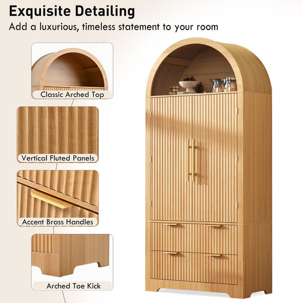 English Elm K&k Arched Fluted Pantry Cabinet Mid Century Walnut Finish with Drawers and Door Shelves Natural N707S000029Y