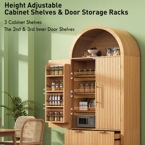 English Elm K&k Arched Fluted Pantry Cabinet Mid Century Walnut Finish with Drawers and Door Shelves Natural N707S000029Y