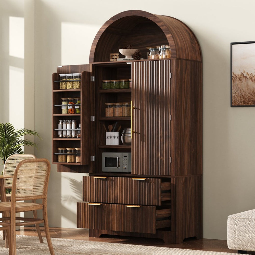 English Elm K&k Arched Fluted Pantry Cabinet Mid Century Walnut Finish with Drawers and Door Shelves Walnut N707S000029Z