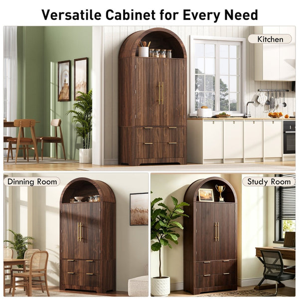 English Elm K&k Arched Fluted Pantry Cabinet Mid Century Walnut Finish with Drawers and Door Shelves Walnut N707S000029Z