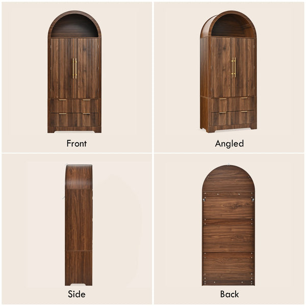 English Elm K&k Arched Fluted Pantry Cabinet Mid Century Walnut Finish with Drawers and Door Shelves Walnut N707S000029Z