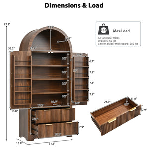 English Elm K&k Arched Fluted Pantry Cabinet Mid Century Walnut Finish with Drawers and Door Shelves Walnut N707S000029Z