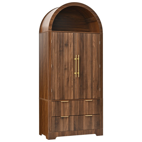 English Elm K&k Arched Fluted Pantry Cabinet Mid Century Walnut Finish with Drawers and Door Shelves Walnut N707S000029Z