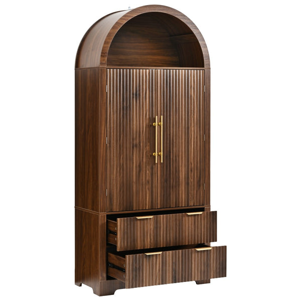 English Elm K&k Arched Fluted Pantry Cabinet Mid Century Walnut Finish with Drawers and Door Shelves Walnut N707S000029Z