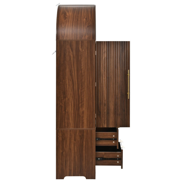 English Elm K&k Arched Fluted Pantry Cabinet Mid Century Walnut Finish with Drawers and Door Shelves Walnut N707S000029Z