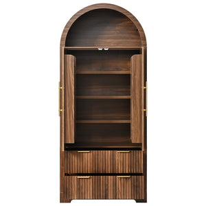 English Elm K&k Arched Fluted Pantry Cabinet Mid Century Walnut Finish with Drawers and Door Shelves Walnut N707S000029Z