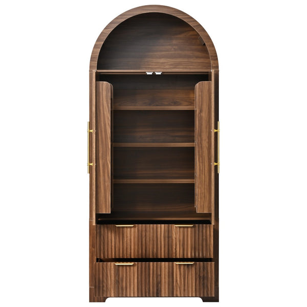 English Elm K&k Arched Fluted Pantry Cabinet Mid Century Walnut Finish with Drawers and Door Shelves Walnut N707S000029Z