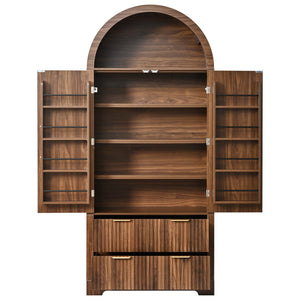 English Elm K&k Arched Fluted Pantry Cabinet Mid Century Walnut Finish with Drawers and Door Shelves Walnut N707S000029Z