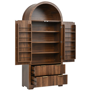 English Elm K&k Arched Fluted Pantry Cabinet Mid Century Walnut Finish with Drawers and Door Shelves Walnut N707S000029Z