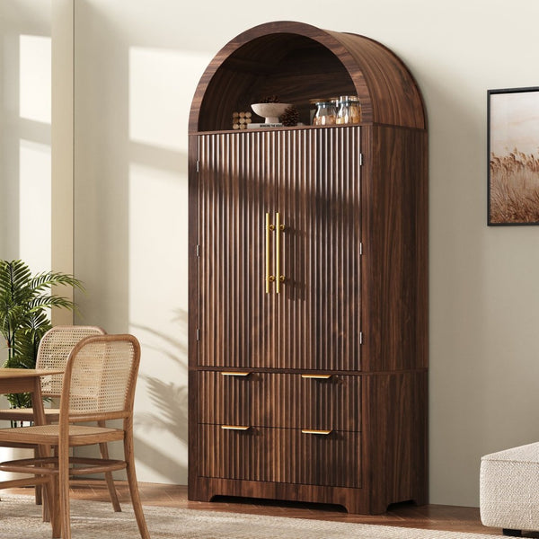 English Elm K&k Arched Fluted Pantry Cabinet Mid Century Walnut Finish with Drawers and Door Shelves Walnut N707S000029Z
