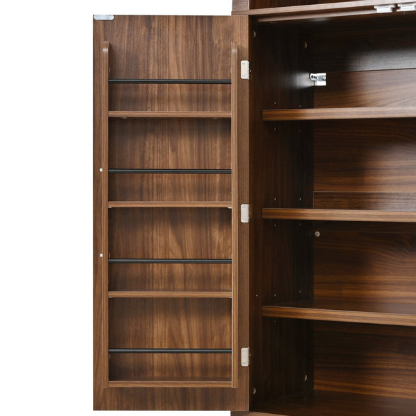 English Elm K&k Arched Fluted Pantry Cabinet Mid Century Walnut Finish with Drawers and Door Shelves Walnut N707S000029Z