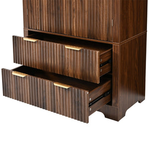 English Elm K&k Arched Fluted Pantry Cabinet Mid Century Walnut Finish with Drawers and Door Shelves Walnut N707S000029Z