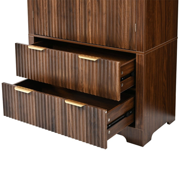 English Elm K&k Arched Fluted Pantry Cabinet Mid Century Walnut Finish with Drawers and Door Shelves Walnut N707S000029Z