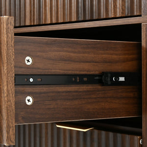 English Elm K&k Arched Fluted Pantry Cabinet Mid Century Walnut Finish with Drawers and Door Shelves Walnut N707S000029Z