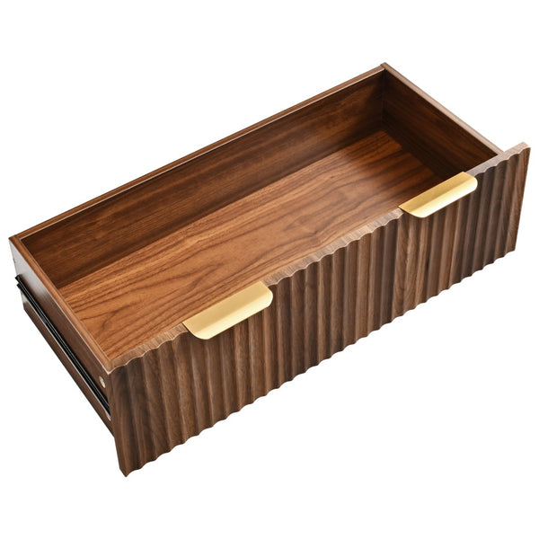 English Elm K&k Arched Fluted Pantry Cabinet Mid Century Walnut Finish with Drawers and Door Shelves Walnut N707S000029Z