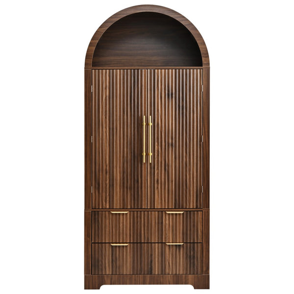 English Elm K&k Arched Fluted Pantry Cabinet Mid Century Walnut Finish with Drawers and Door Shelves Walnut N707S000029Z