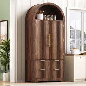 English Elm K&k Arched Fluted Pantry Cabinet Mid Century Walnut Finish with Drawers and Door Shelves Walnut N707S000029Z